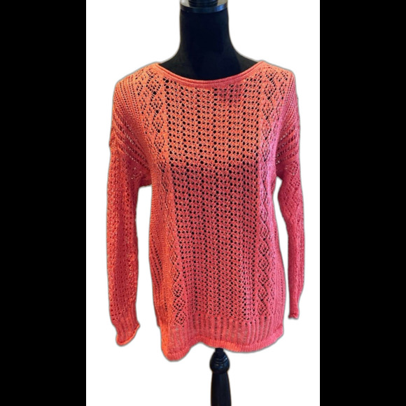 Chico’s Loose Open Weave Sweater Size Medium Orange Tangerine Round Neckline - Picture 1 of 11
